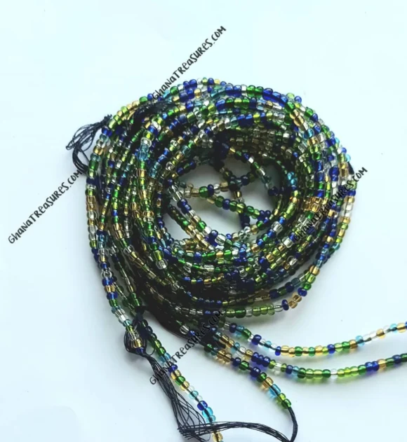 Blue, green, gold and clear glass color waist beads - Image 2