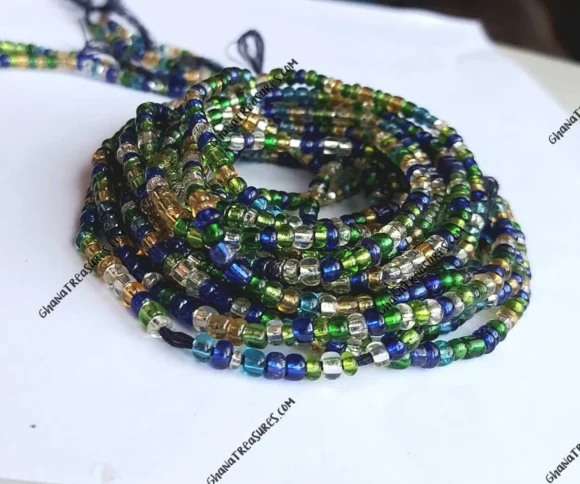 Blue, green, gold and clear glass color waist beads