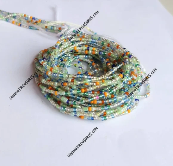 Light blue, green, silver and orange waist beads