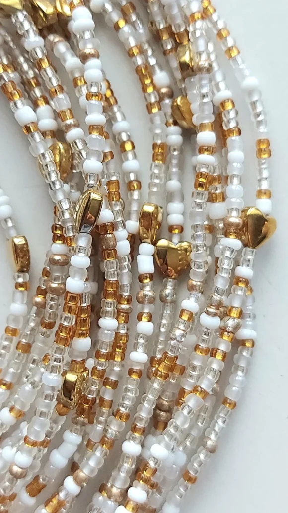 Gold and white waist beads with gold plated hematite stones - Image 2