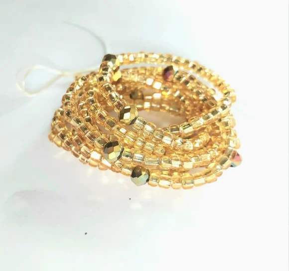 Elastic gold color glass and crystal waist beads