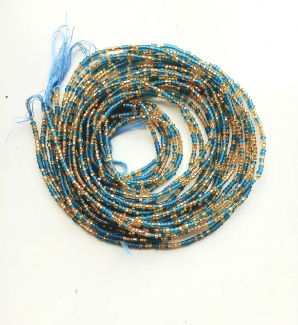 Frosted bright blue and gold waist beads - Image 2