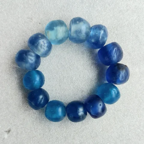 13 recycled glass beads, mixed blues