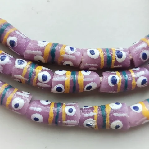 26 inches strand, African small painted beads, 7-8 x 16-18 mm., lilac