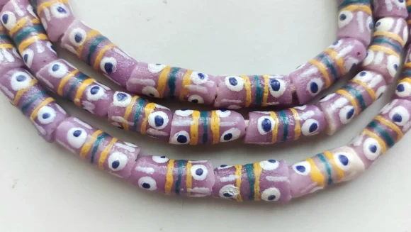 26 inches strand, African small painted beads, 7-8 x 16-18 mm., lilac