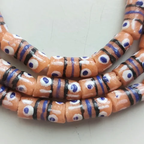 26 inches strand, African small painted beads, 7-8 x 16-18 mm., peach orange