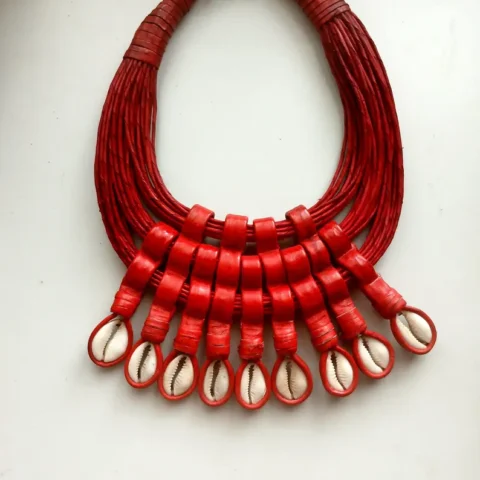 Handwoven leather and cowrie shell necklace